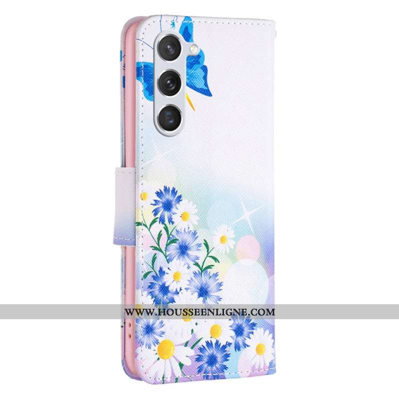 Housse Samsung Galaxy S24 5G Papillons et Fleurs Bleus