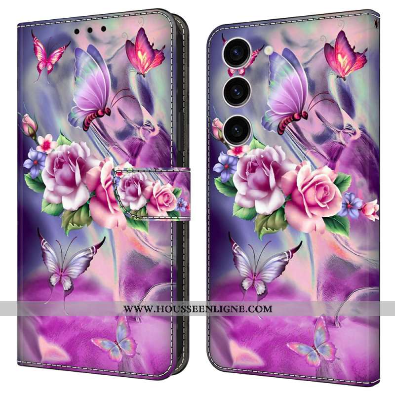 Housse Samsung Galaxy S24 5G Papillons et Fleurs Violettes