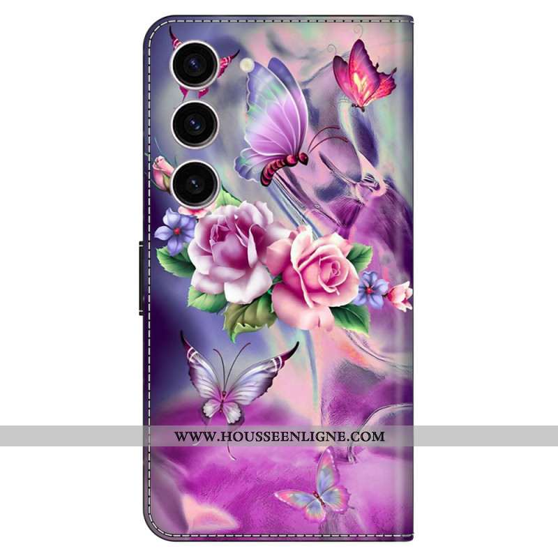 Housse Samsung Galaxy S24 5G Papillons et Fleurs Violettes