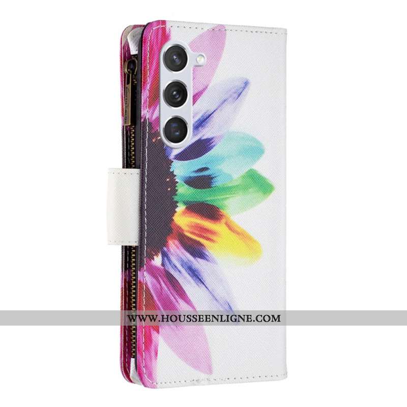 Housse Samsung Galaxy S24 5G Portefeuille Fleur Aquarelle à Lanière