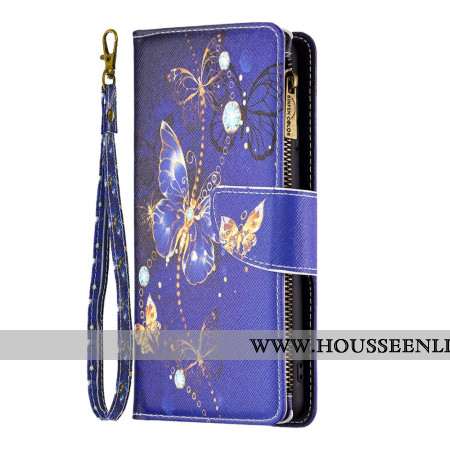 Housse Samsung Galaxy S24 5G Portefeuille Papillons Violets à Lanière