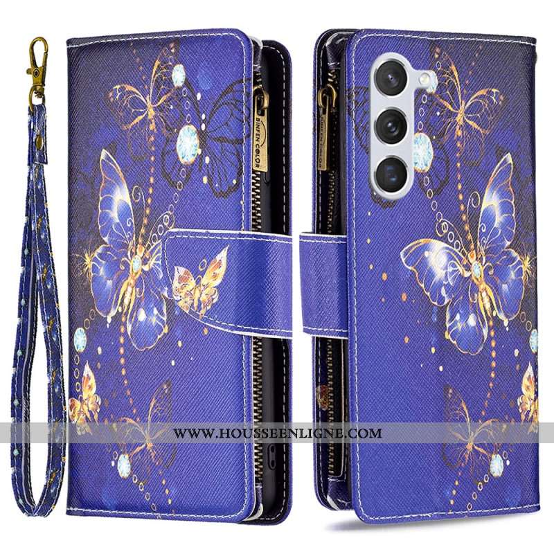 Housse Samsung Galaxy S24 5G Portefeuille Papillons Violets à Lanière