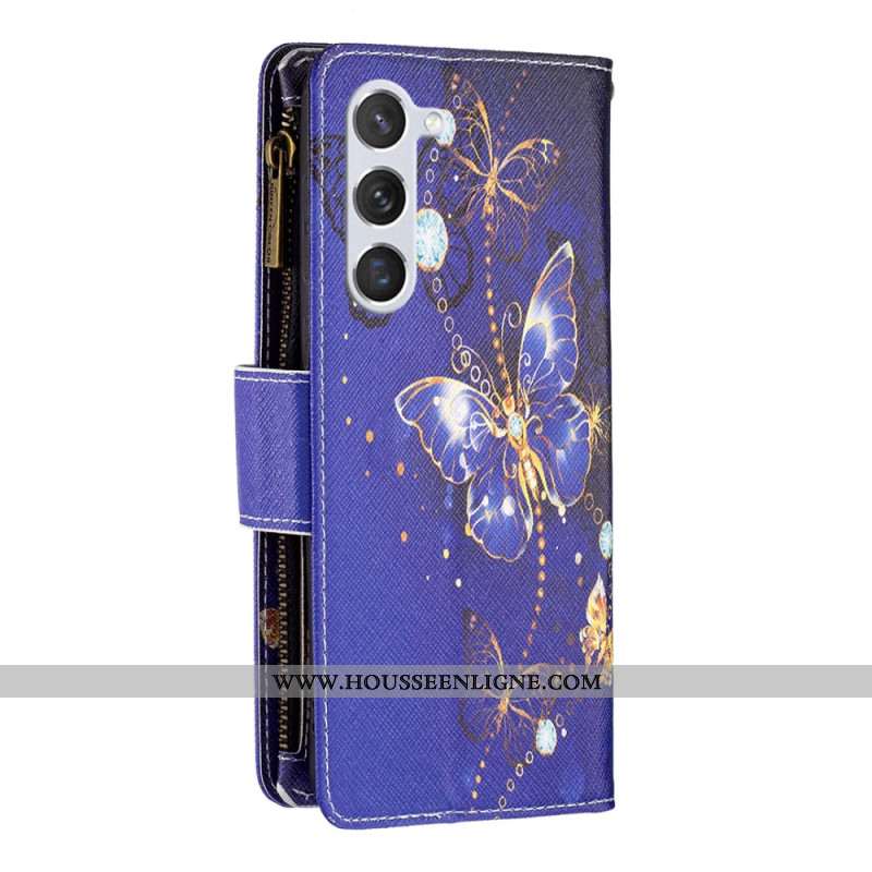 Housse Samsung Galaxy S24 5G Portefeuille Papillons Violets à Lanière