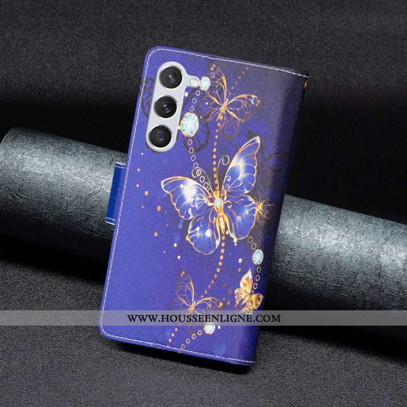 Housse Samsung Galaxy S24 5G Portefeuille Papillons Violets à Lanière