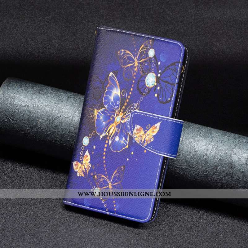 Housse Samsung Galaxy S24 5G Portefeuille Papillons Violets à Lanière