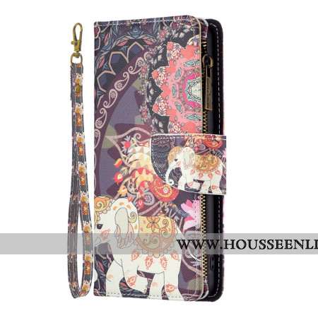 Housse Samsung Galaxy S24 5G Portefeuille Éléphant Tribal à Lanière