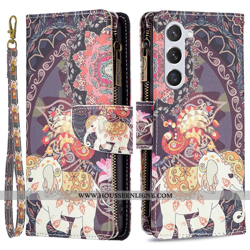 Housse Samsung Galaxy S24 5G Portefeuille Éléphant Tribal à Lanière