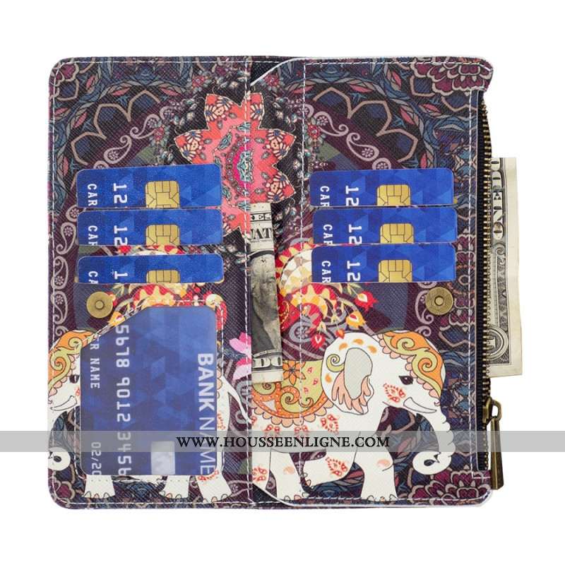 Housse Samsung Galaxy S24 5G Portefeuille Éléphant Tribal à Lanière