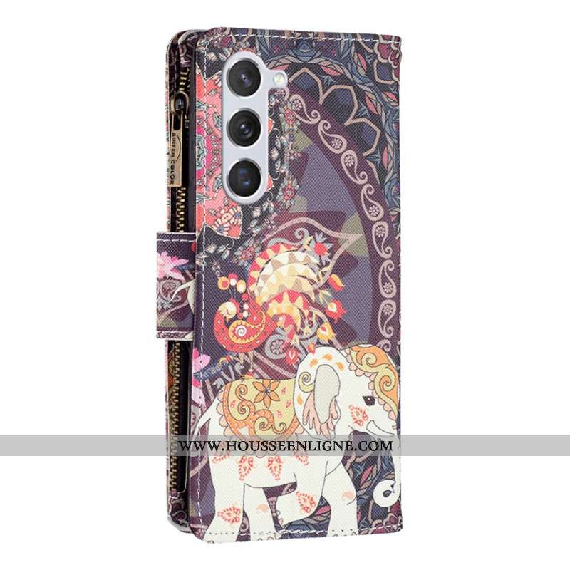 Housse Samsung Galaxy S24 5G Portefeuille Éléphant Tribal à Lanière