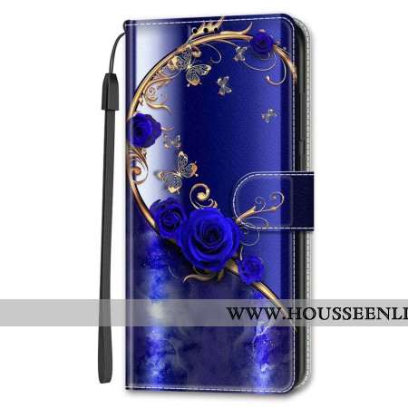 Housse Samsung Galaxy S24 5G Roses Bleues et Papillons Dorés à Lanière