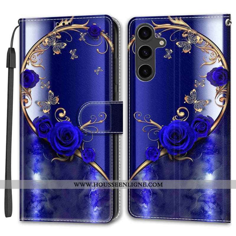 Housse Samsung Galaxy S24 5G Roses Bleues et Papillons Dorés à Lanière