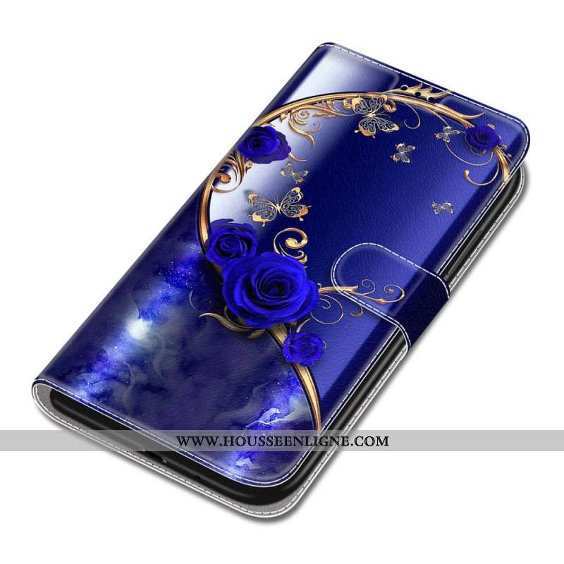 Housse Samsung Galaxy S24 5G Roses Bleues et Papillons Dorés à Lanière