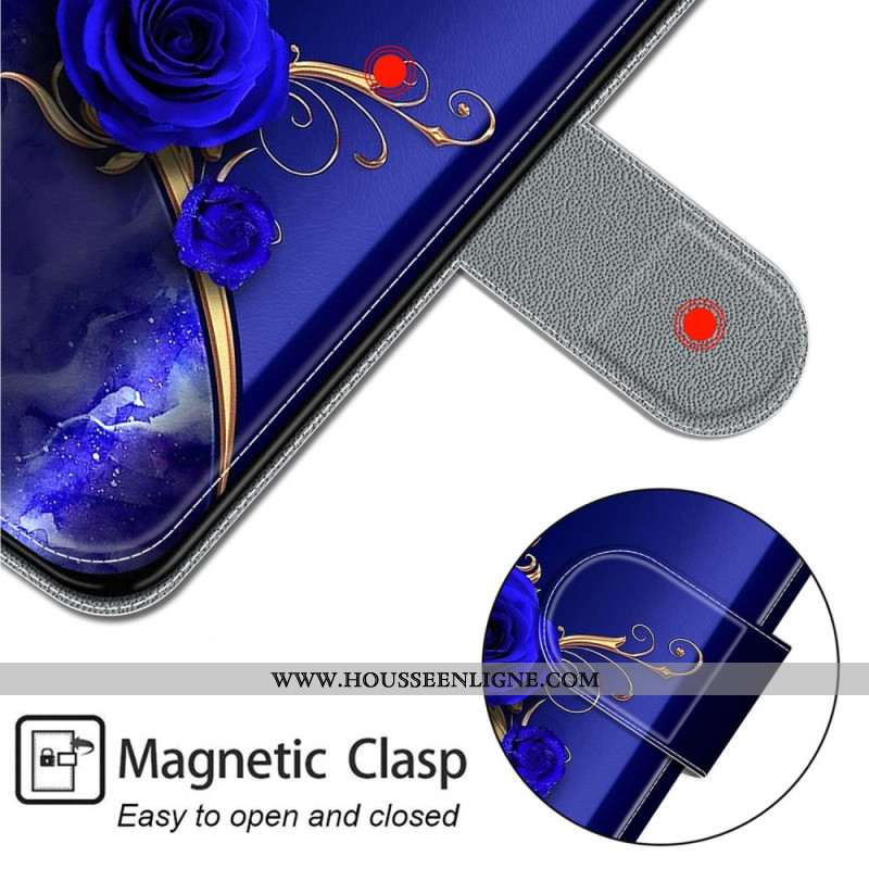 Housse Samsung Galaxy S24 5G Roses Bleues et Papillons Dorés à Lanière