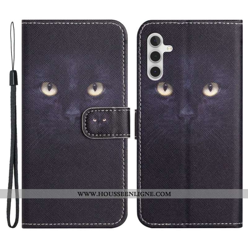 Housse Samsung Galaxy S24 5G Yeux de Chat Noir à Lanière