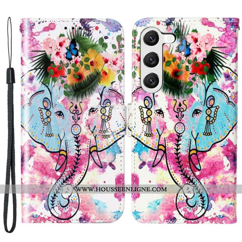 Housse Samsung Galaxy S24 5G Éléphant Fleuri à Lanière