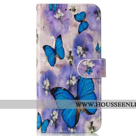 Housse Samsung Galaxy S24 FE Fleurs Violettes et Papillons Bleus