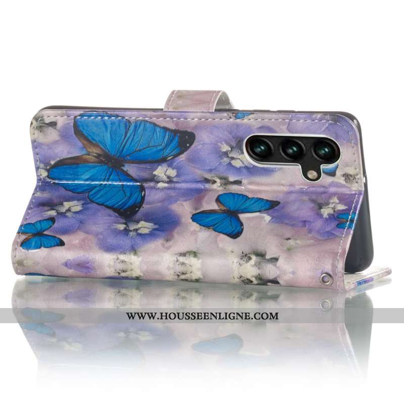 Housse Samsung Galaxy S24 FE Fleurs Violettes et Papillons Bleus