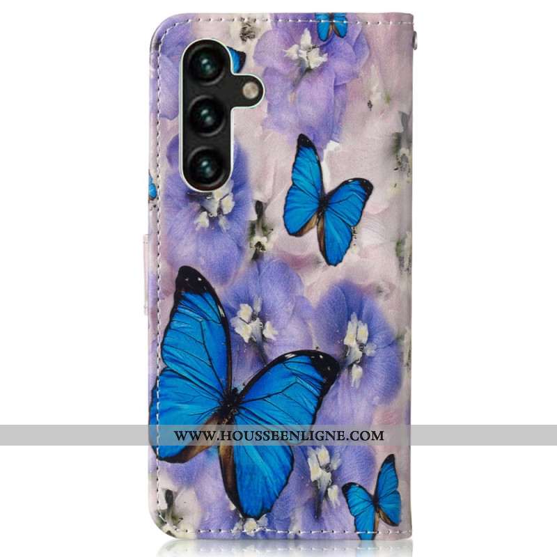 Housse Samsung Galaxy S24 FE Fleurs Violettes et Papillons Bleus