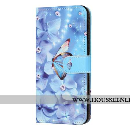 Housse Samsung Galaxy S24 FE Fleurs et Papillons Bleus à Lanière