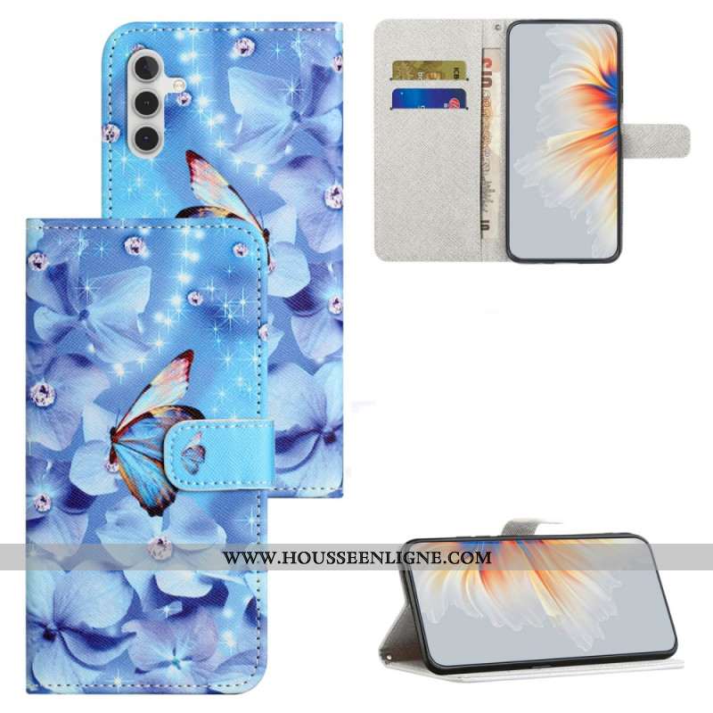 Housse Samsung Galaxy S24 FE Fleurs et Papillons Bleus à Lanière