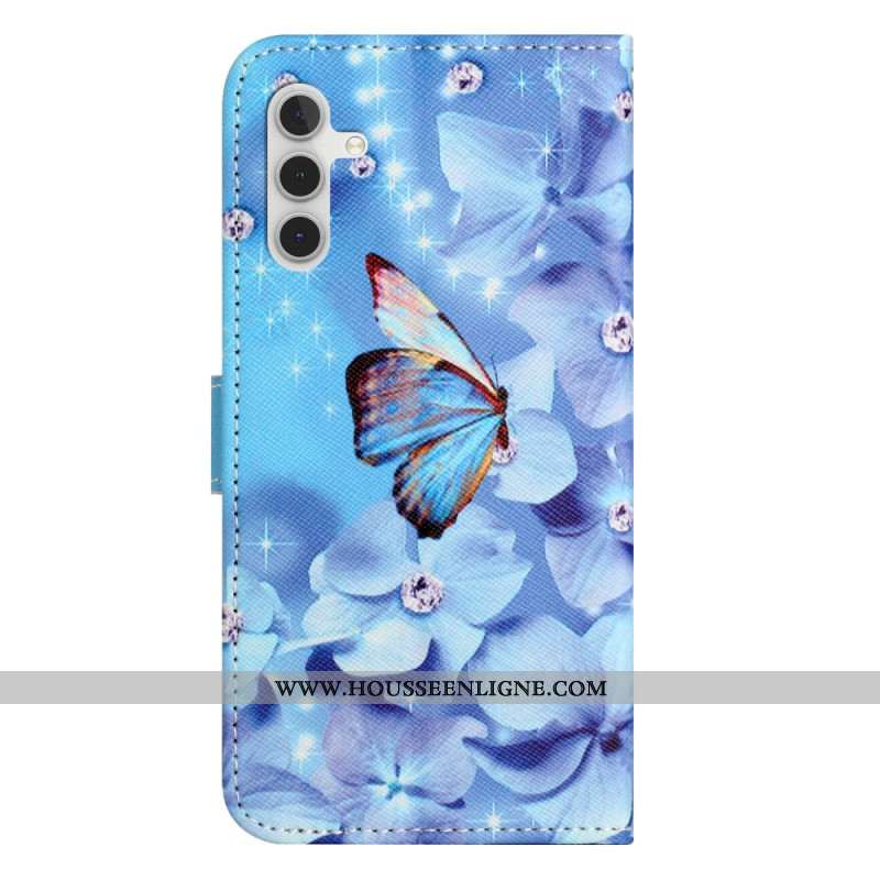 Housse Samsung Galaxy S24 FE Fleurs et Papillons Bleus à Lanière