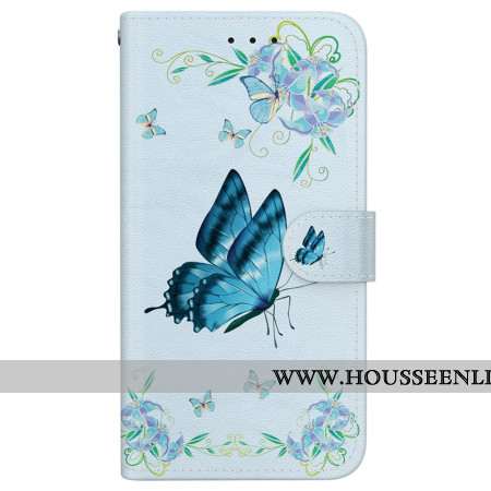 Housse Samsung Galaxy S24 FE Papillon Bleu et Fleurs à Lanière