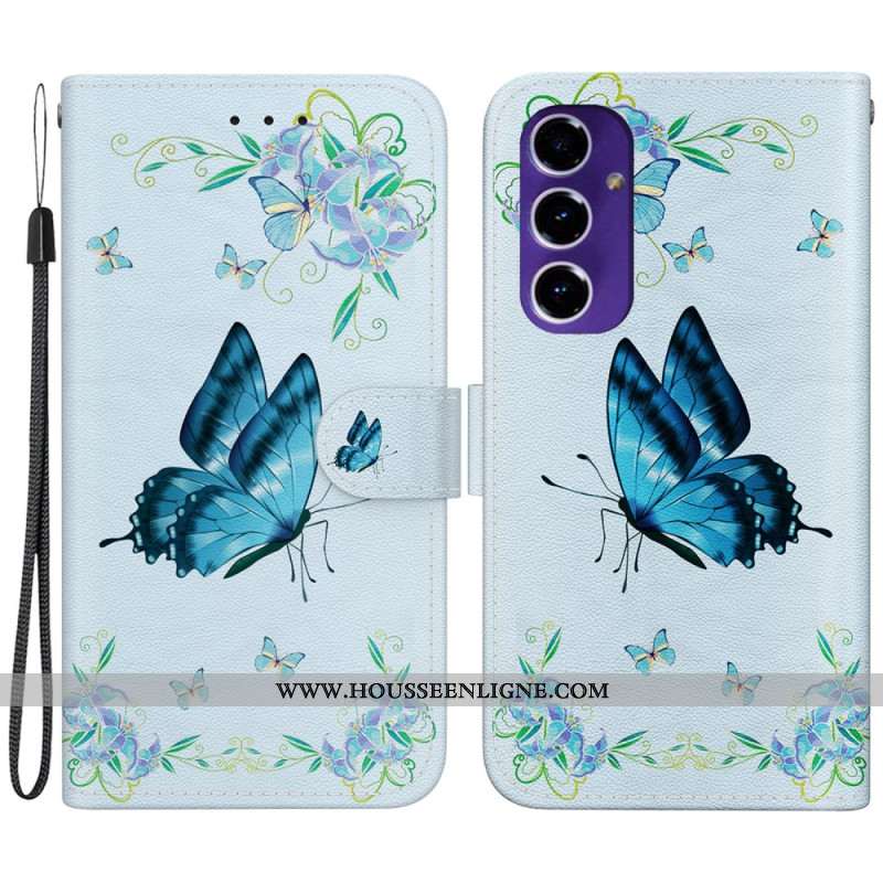 Housse Samsung Galaxy S24 FE Papillon Bleu et Fleurs à Lanière