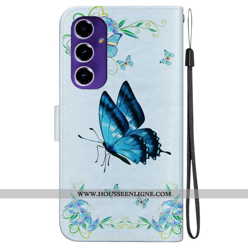 Housse Samsung Galaxy S24 FE Papillon Bleu et Fleurs à Lanière