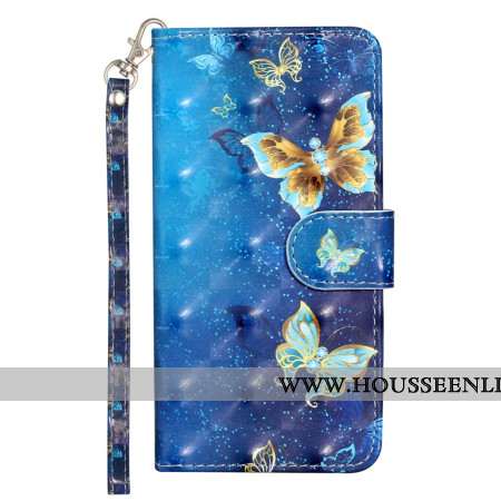 Housse Samsung Galaxy S24 FE Papillons Bleus et Or à Lanière