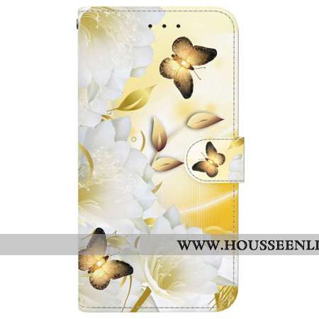 Housse Samsung Galaxy S24 FE Papillons Dorés et Fleurs Blanches