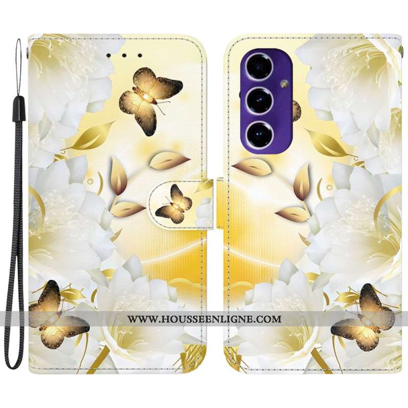 Housse Samsung Galaxy S24 FE Papillons Dorés et Fleurs Blanches