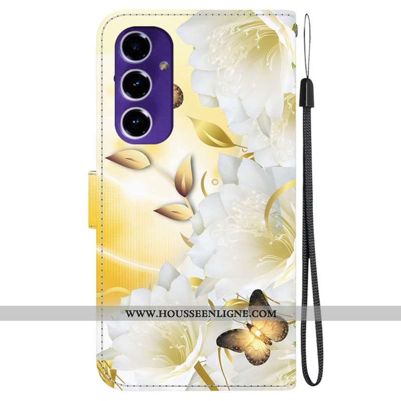 Housse Samsung Galaxy S24 FE Papillons Dorés et Fleurs Blanches