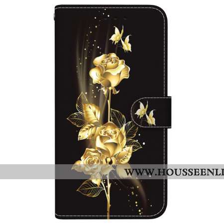 Housse Samsung Galaxy S24 FE Papillons Dorés et Roses à Lanière