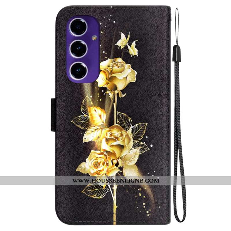 Housse Samsung Galaxy S24 FE Papillons Dorés et Roses à Lanière