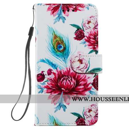 Housse Samsung Galaxy S24 Plus 5G Motif de Fleurs de Paon à Lanière