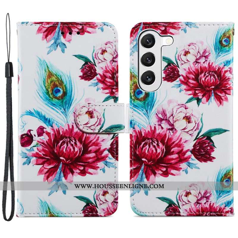 Housse Samsung Galaxy S24 Plus 5G Motif de Fleurs de Paon à Lanière