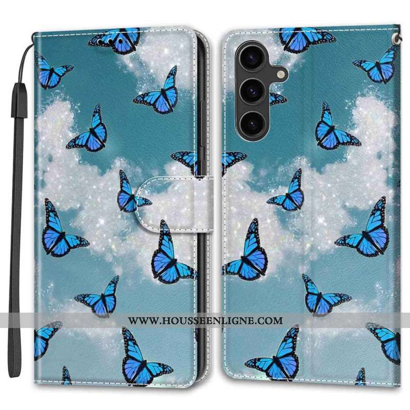 Housse Samsung Galaxy S24 Plus 5G Nuage Blanc avec Papillons Bleus à Lanière