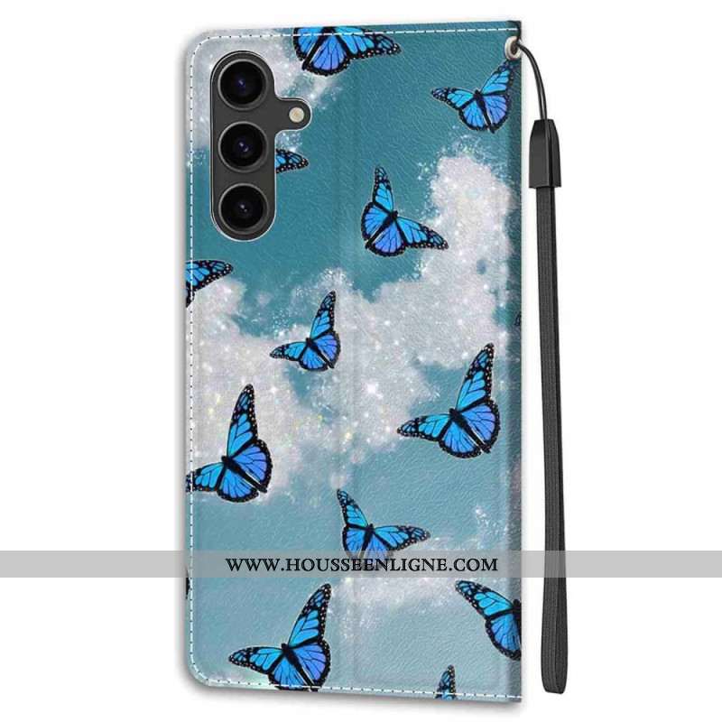 Housse Samsung Galaxy S24 Plus 5G Nuage Blanc avec Papillons Bleus à Lanière