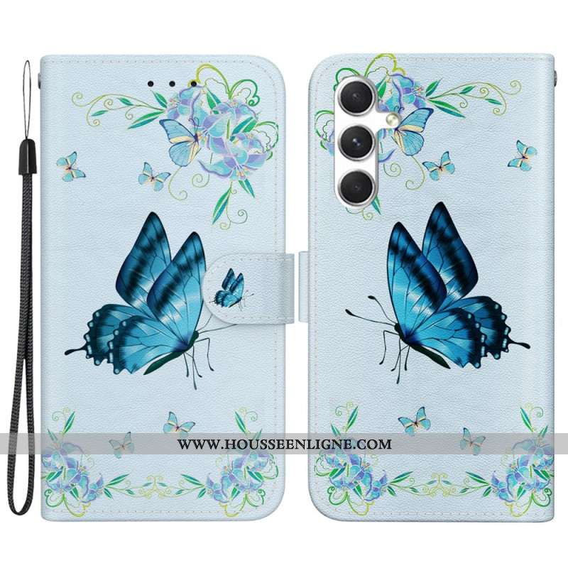 Housse Samsung Galaxy S24 Plus 5G Papillon Bleu et Fleur à Lanière