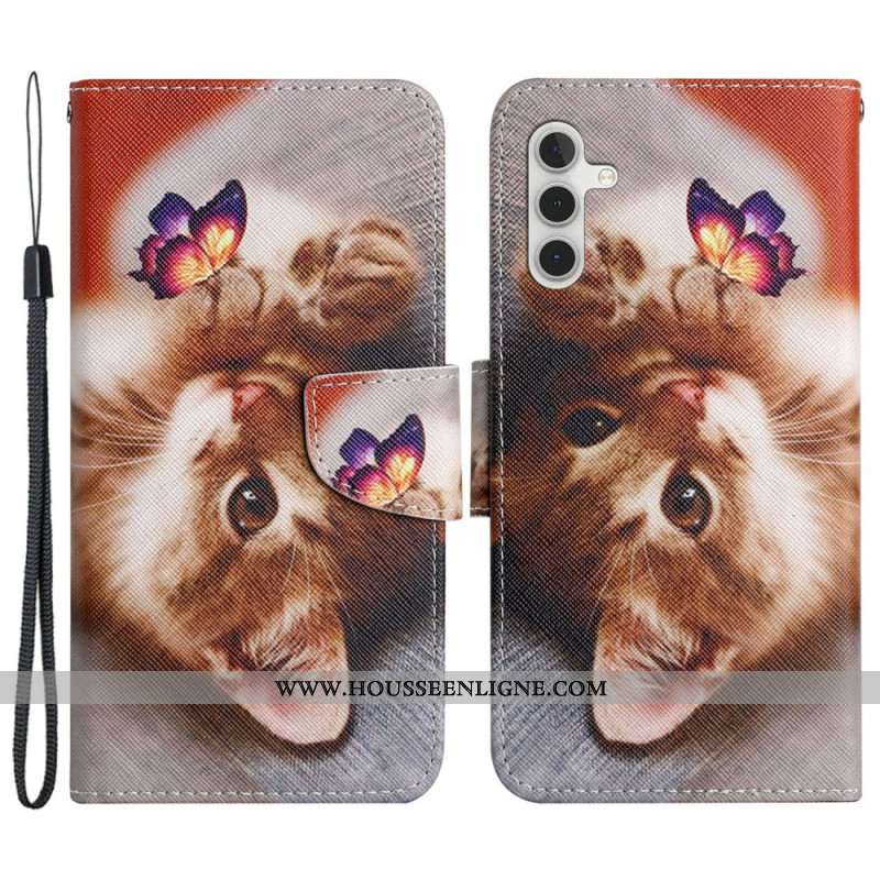 Housse Samsung Galaxy S24 Plus 5G Papillon et Chat à Lanière