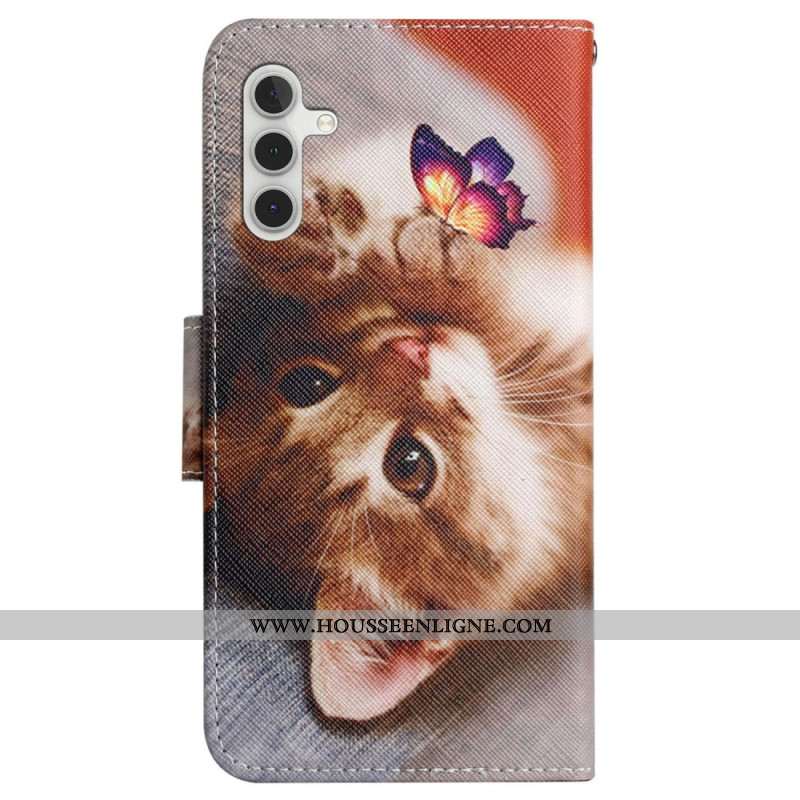 Housse Samsung Galaxy S24 Plus 5G Papillon et Chat à Lanière