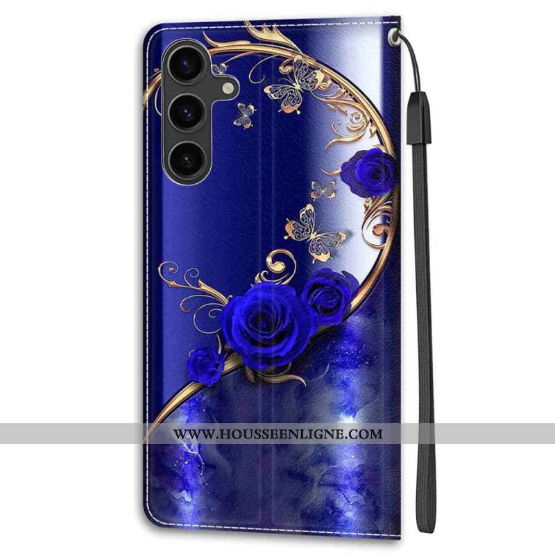 Housse Samsung Galaxy S24 Plus 5G Rose Bleue et Papillons Dorés à Lanière