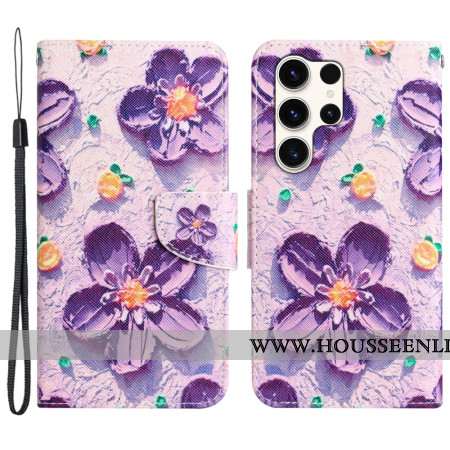 Housse Samsung Galaxy S24 Ultra 5G Fleurs Pourpres à Lanière