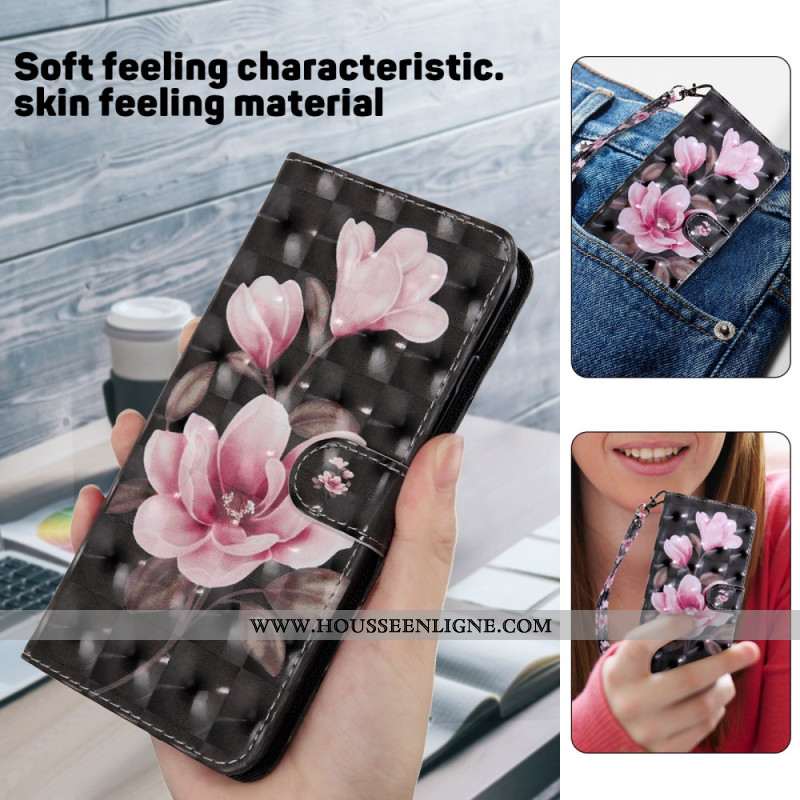 Housse Samsung Galaxy S24 Ultra 5G Fleurs Roses sur Fond Noir à Lanière