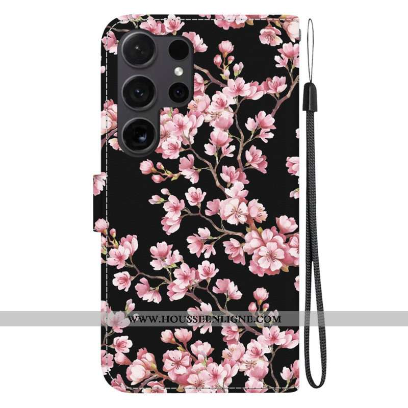 Housse Samsung Galaxy S24 Ultra 5G Fleurs de Prunier à Lanière