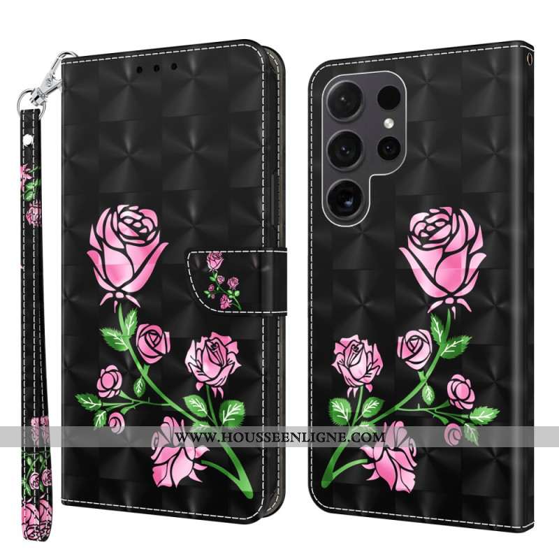 Housse Samsung Galaxy S24 Ultra 5G Fleurs de Roses à Lanière