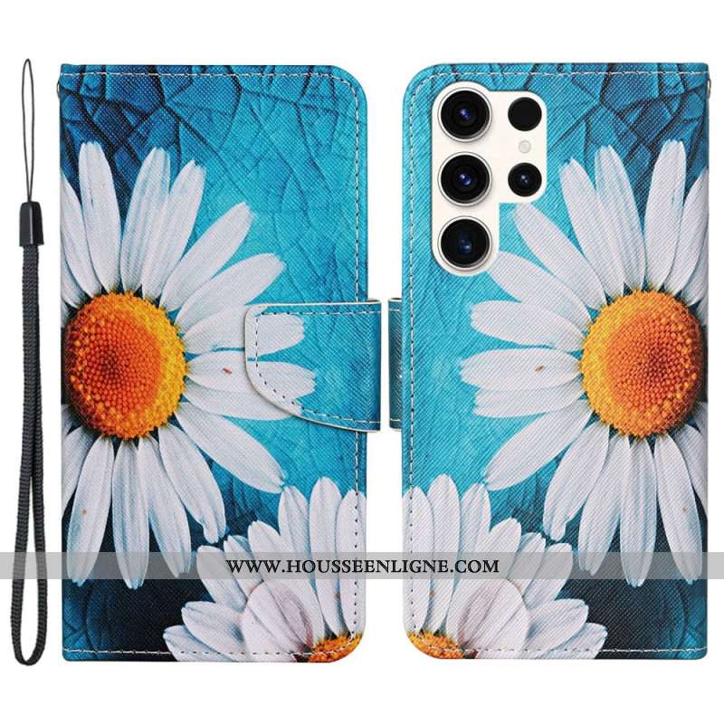 Housse Samsung Galaxy S24 Ultra 5G Grandes Chrysanthèmes à Lanière