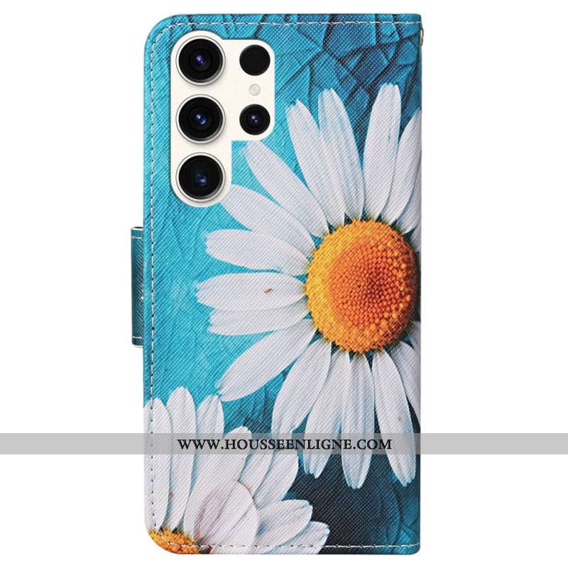 Housse Samsung Galaxy S24 Ultra 5G Grandes Chrysanthèmes à Lanière