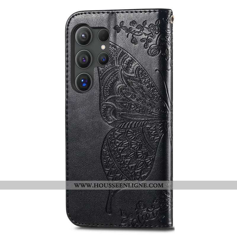 Housse Samsung Galaxy S24 Ultra 5G Papillon Baroque à Lanière