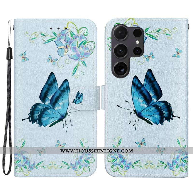 Housse Samsung Galaxy S24 Ultra 5G Papillon Bleu et Fleur à Lanière